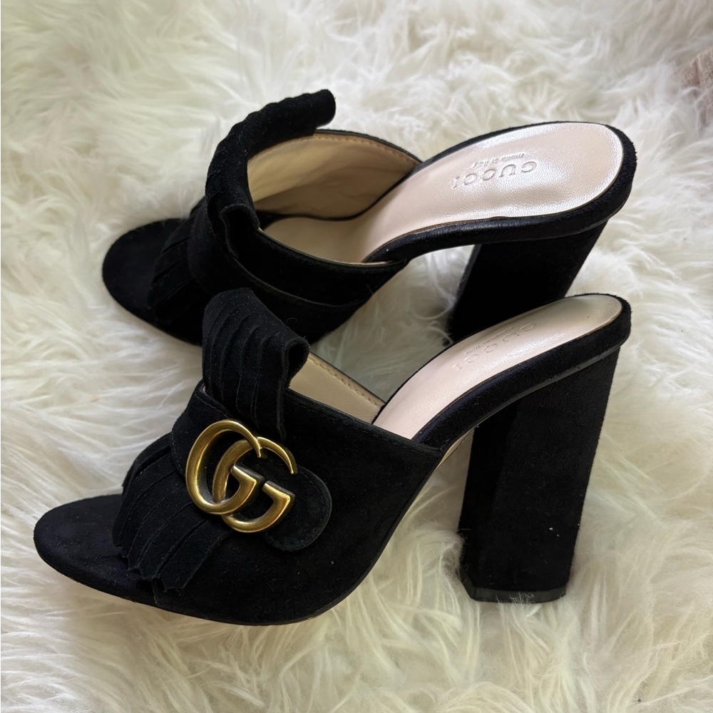 Gucci Women's Black suede Heeled Mules sandals with Gold Accent